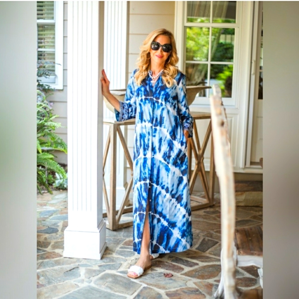 Soft Surroundings Sea Sprite Tie Dye Kaftan Maxi Dress Medium